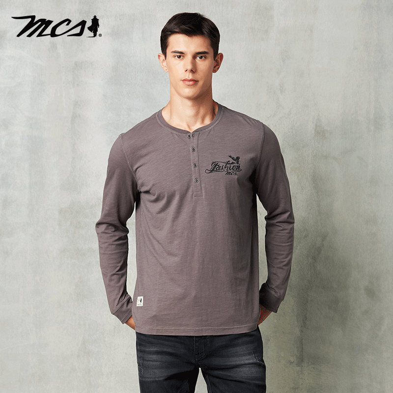 MCS亨利领局部印花长袖纯棉T恤男