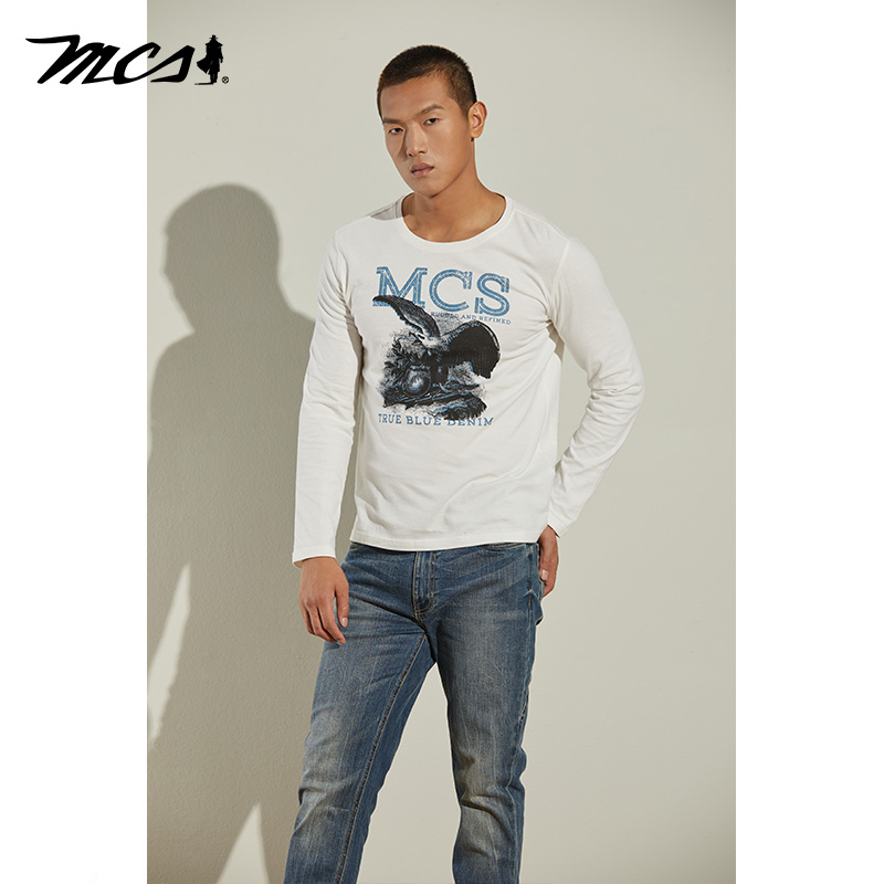 MCS男装美式复古纯棉印花长袖T恤