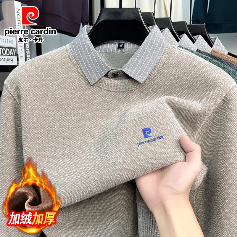 皮尔卡丹男士一体绒衬衫领毛衣2025秋季新款加绒翻领雪貂绒polo衫