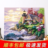 海边 饰画挂画 梦 客厅海边风景填色手绘油彩装 数字油画欧式