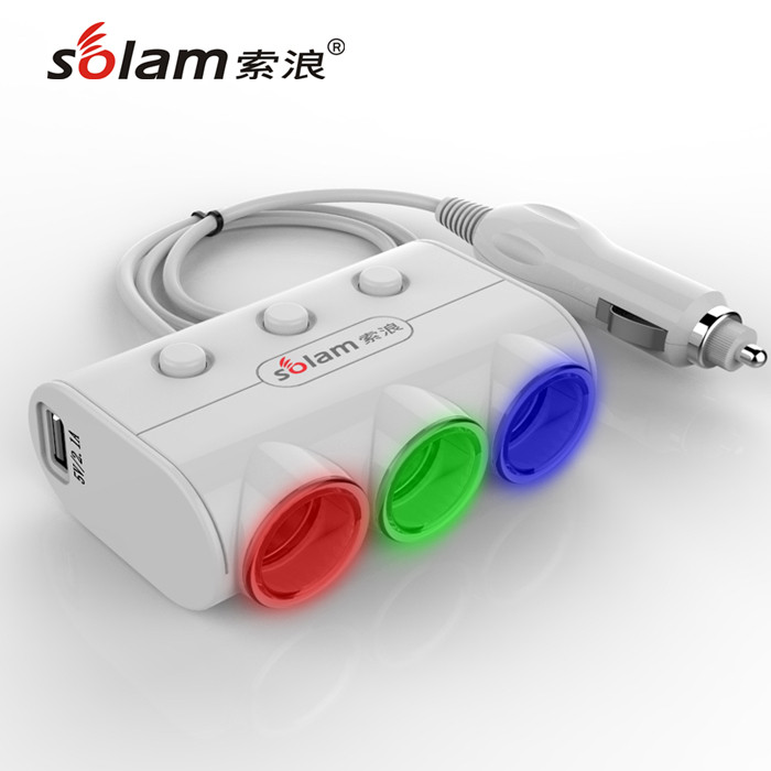 索浪车载充电器一拖三带点烟器母座汽车转换器带三个关
