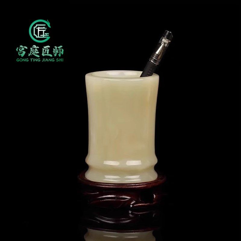 天然玉石笔筒办公室装饰品节节升招财玉