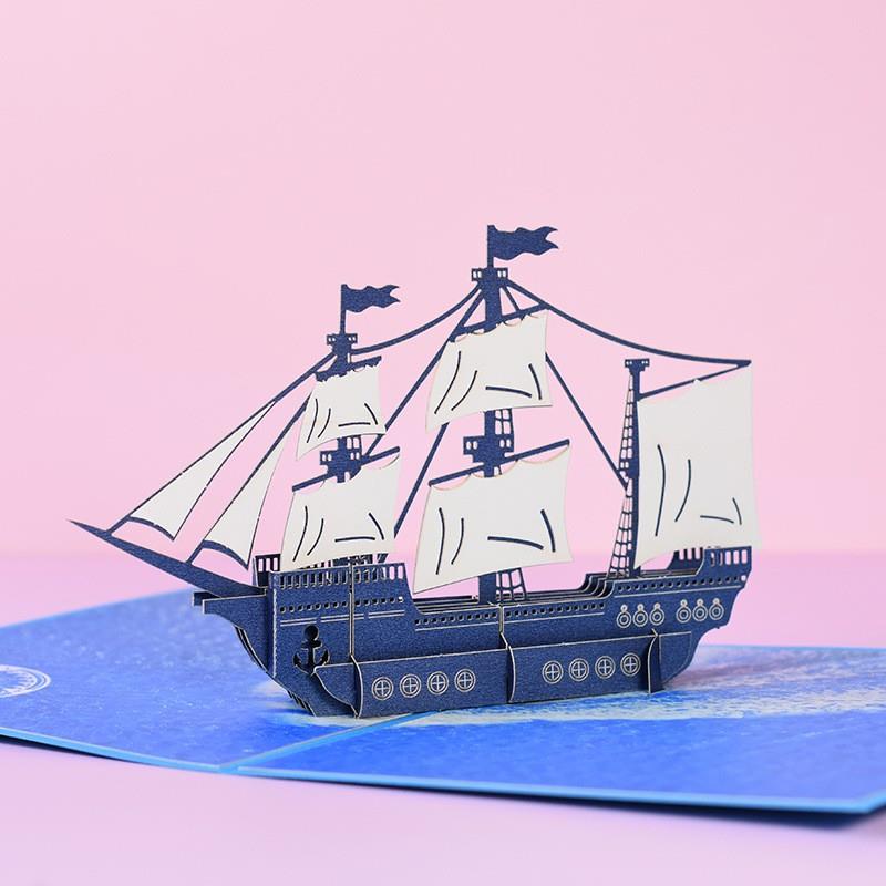 蓝色帆船3D立体贺卡一帆风顺创意感恩节卡片男生生日祝福定制ins