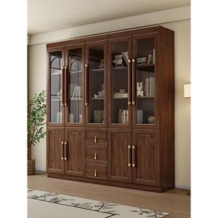 新中式实木书柜黑胡桃木办公室储物柜家用中式书橱带玻璃门展示柜