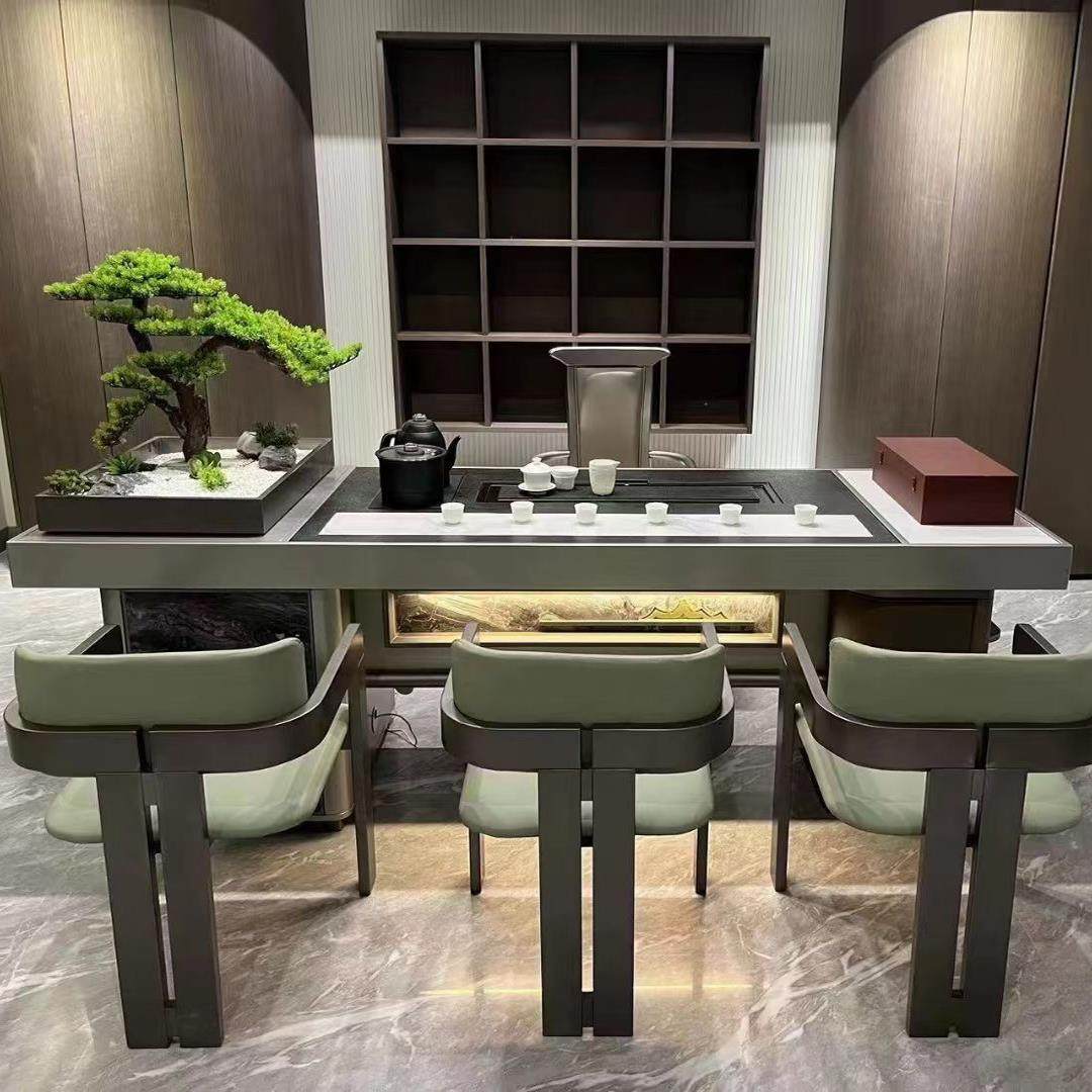 商务轻奢岩板奢石茶台创意高级简约大户型办公家用别墅茶桌椅组合