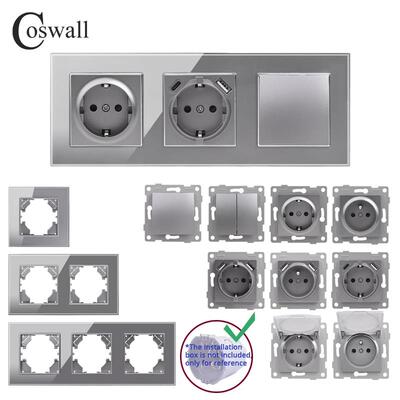 COSWALL 灰色玻璃面板 欧规墙壁开关插座USB充电口模块DIY