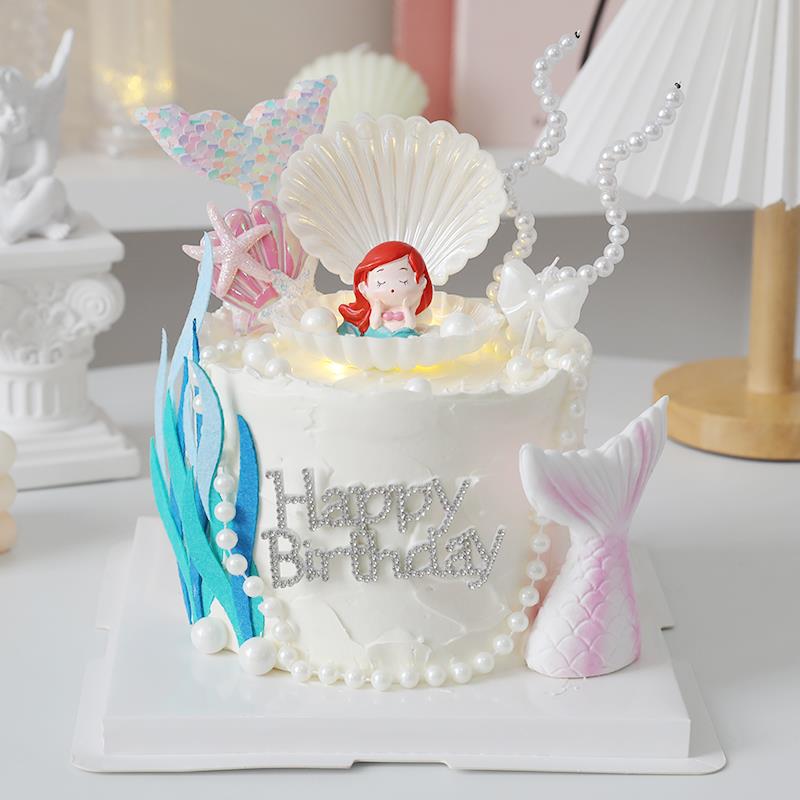 网红美人鱼贝壳摆件烘焙蛋糕装饰珍珠鱼尾插件生日派对装扮插卡