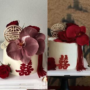 新中式国风订婚蛋糕装饰婚礼结婚蝴蝶兰红喜摆件新娘婚庆屏风插件