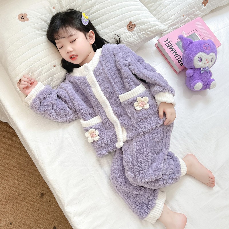 女童睡衣秋冬2024新款法兰绒花朵口袋开衫女宝宝居家服珊瑚绒套装