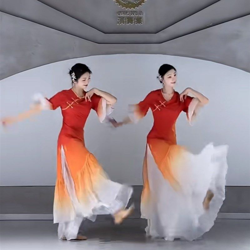 鲤美人女中国花朵旗袍披帛意古典舞舞蹈服古典舞舞红裙新款服飘逸