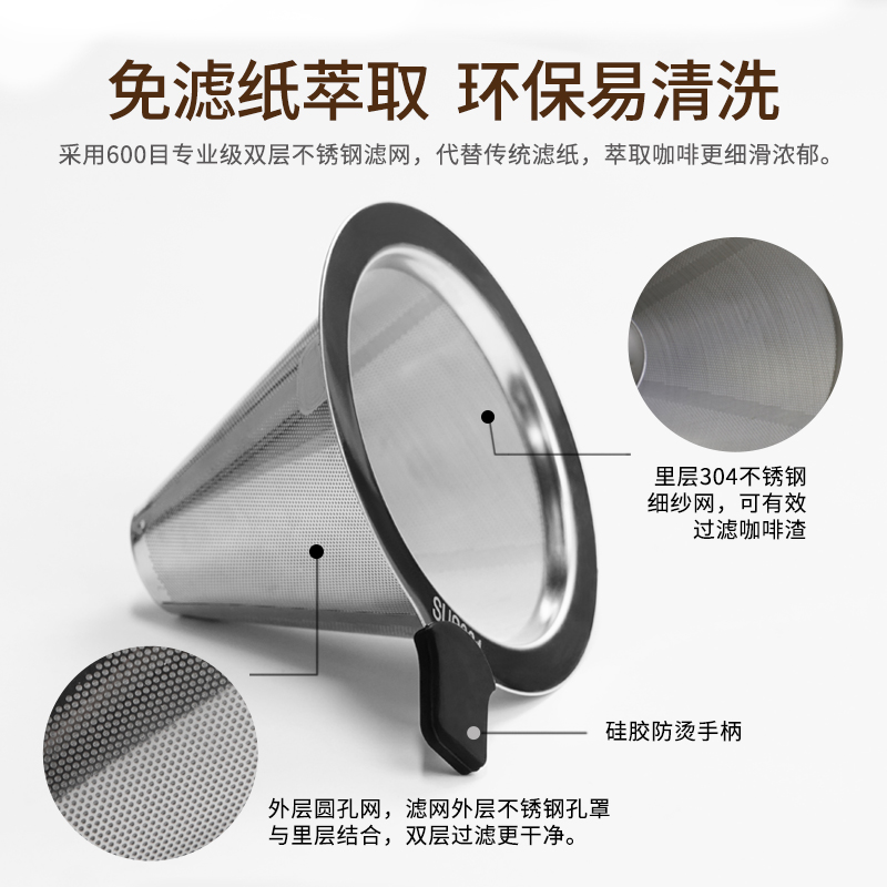 咖啡双层过滤网手冲咖啡壶过滤杯滴漏式免滤纸漏斗不锈钢过滤器