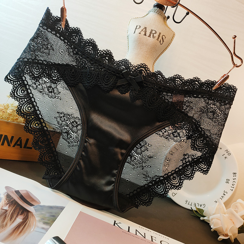 欧美丝滑缎面色丁柔软绣花网布性感蕾丝后镂空包臀低腰三角内裤女