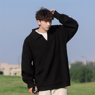 @二更 黑色V领毛衣男秋冬季2024新款套头内搭宽松保暖加厚针织衫