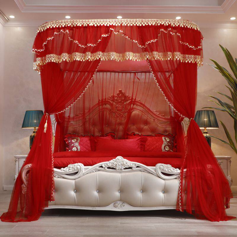 大红轨道式婚庆蚊帐U型宫廷导轨结婚蚊帐家用公主风三开门2双人床