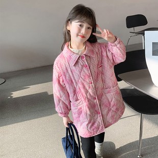 女童夹棉外套2024新款冬装儿童洋气时髦中长款加厚衬衫小女孩冬季
