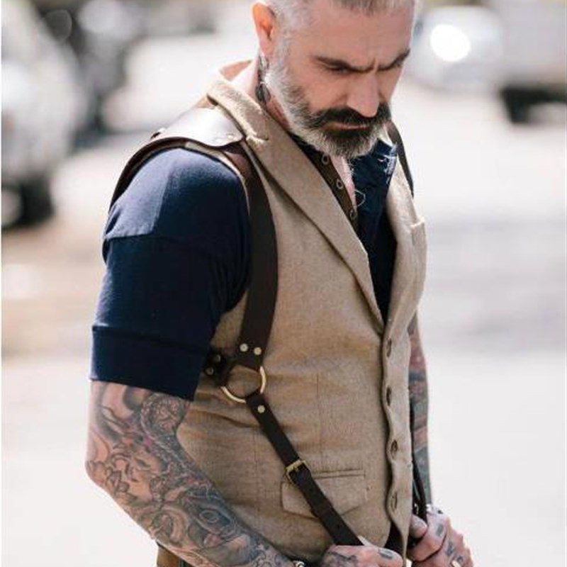 欧美西部牛仔鹿皮绒拼接西装马甲男秋冬休闲大码毛呢马夹猎装外套