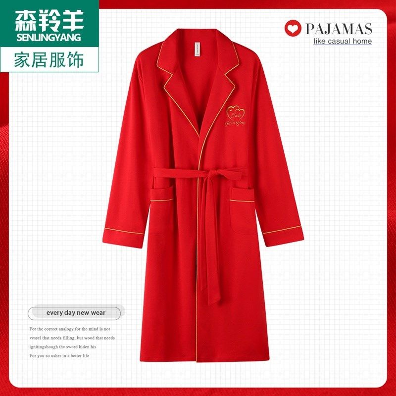 男士中年纯棉长袖睡袍本命年大红色睡衣春秋季男款全棉中长款浴袍