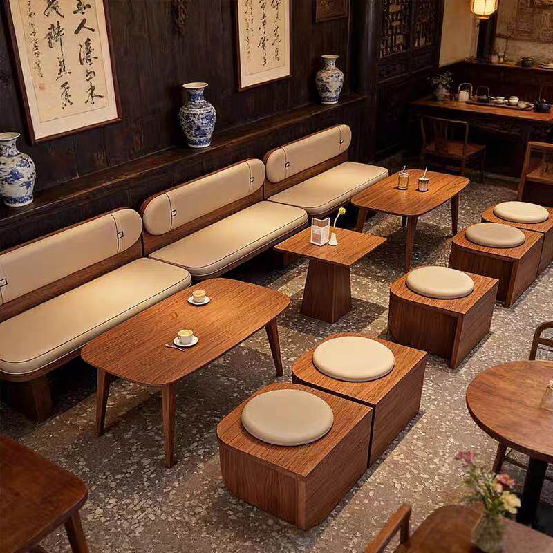 网红甜品店奶茶店卡座沙发餐桌椅定制咖啡厅靠墙长条凳子桌椅组合