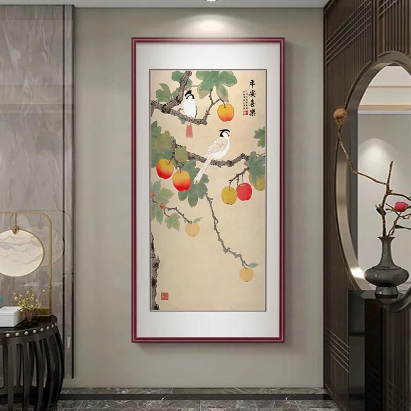 桃子新中式玄关画装饰画事事顺心入户走廊过道挂画寓意好柿子壁画