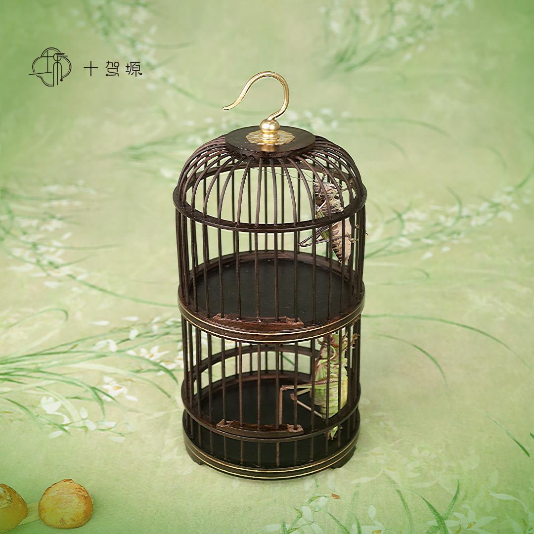 双层紫光檀木铜钩手编蝈蝈笼子饲养蚂蚱蛐蛐蟋蟀实木无漆中式摆件
