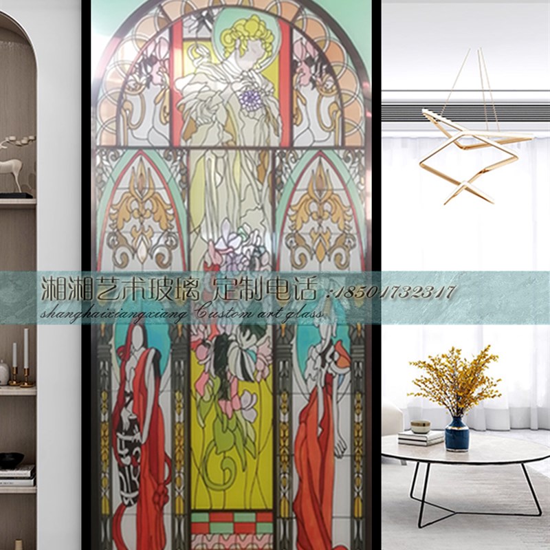 定制教堂彩色玻璃风艺术钢化玻璃法式风格玄关隔断背景墙蒂凡彩晶