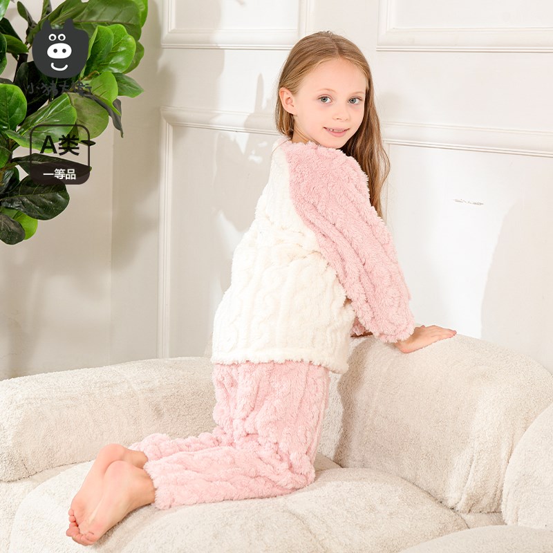 小猪大卫珊瑚绒套装春秋儿童室内居家服男女可爱分体套装毛毛款