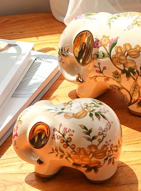 招财新中式复古高级感大象陶瓷摆件美式小众家居装饰品客厅结婚