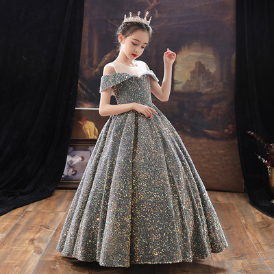 女童红色公主裙走秀晚礼服蓬蓬纱儿童生日女孩主持高端钢琴演出服