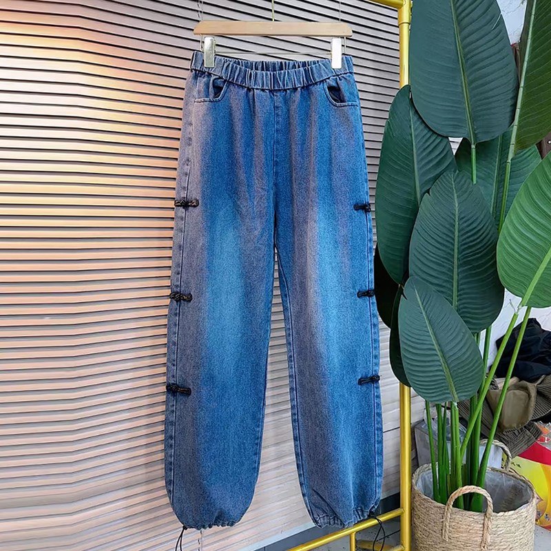 大码女装立领牛仔马甲打底衫长裤三件套胖妹妹时尚新中式显瘦套装