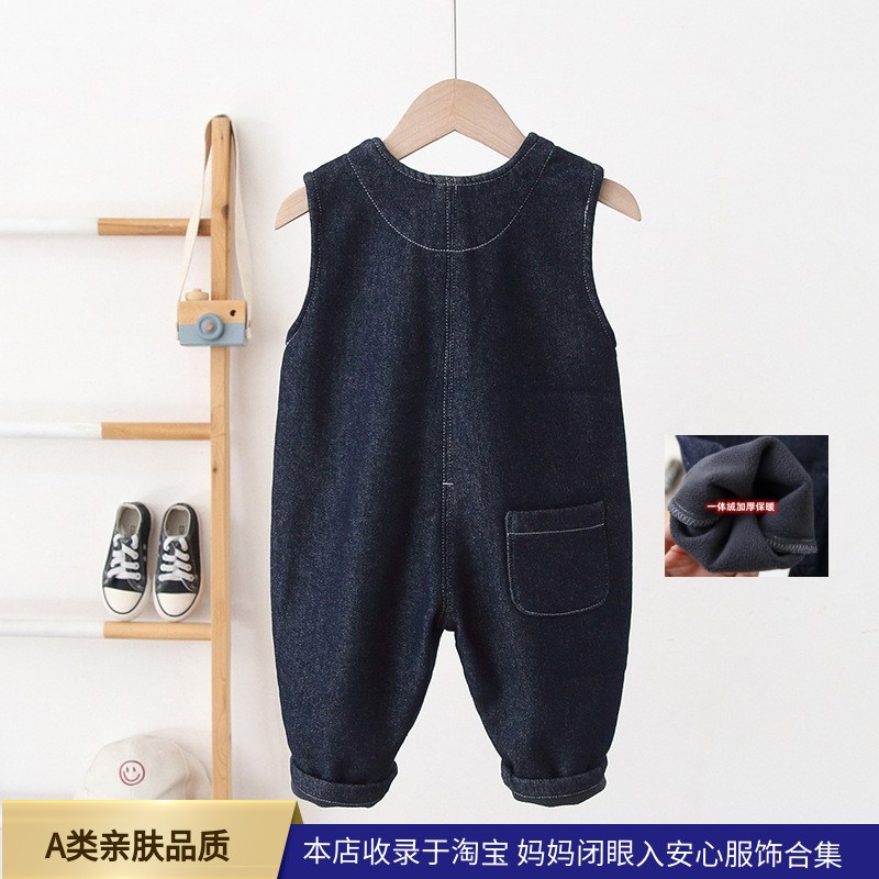 儿童加绒牛仔背带裤冬宝宝舒适保暖一体绒吊带棉裤幼童1-3岁童裤