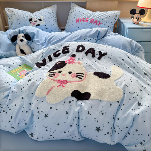 日式可爱风亲肤床上四件套2026年新款裸睡床单被套学生宿舍三件套