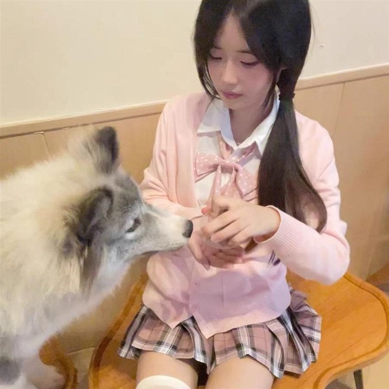 JK制服毛衣樱花粉开衫外套女秋冬学院风甜妹针织衫白桃香格裙套装