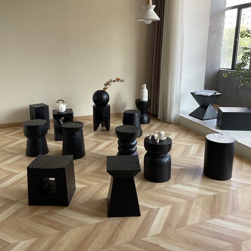 实木墩子碳化黑原木凳子侘寂风民宿边角几摆件木桩根雕矮凳换鞋凳