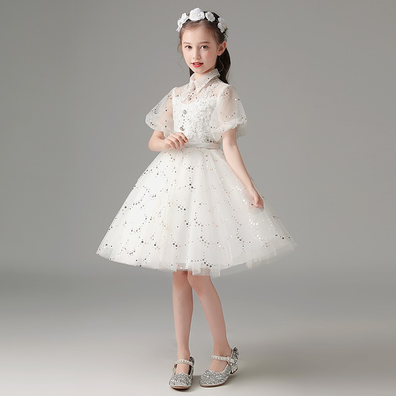 儿童礼服女童生日公主裙白色花童婚纱女孩小主持人演出服钢琴服装