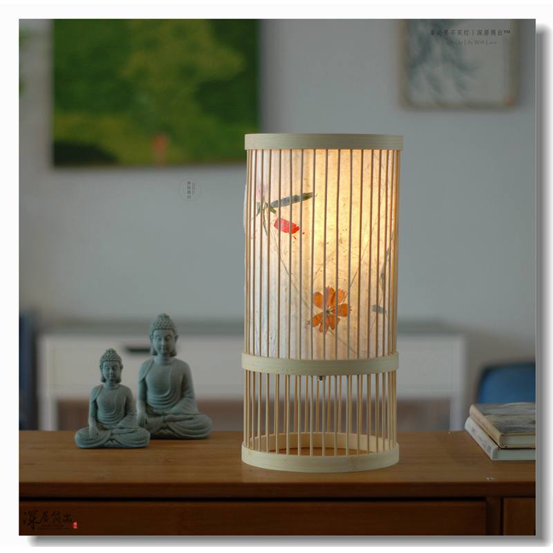 手工花草纸日式竹编台灯新中式禅意茶室茶台卧室复古床头灯可充电