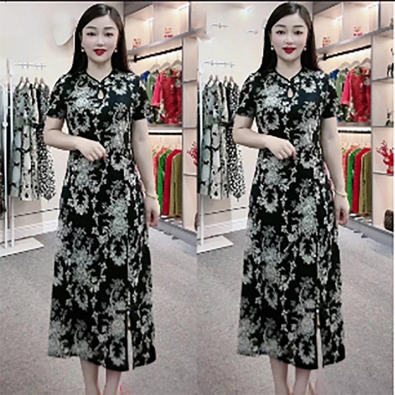 夏季新款妈妈装修身显瘦斜纹丝弹力缎连衣裙复古盘扣改良版旗袍裙