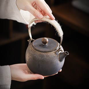 编织复古茶具手工国风石纹泡茶器单壶 提梁壶陶瓷茶壶功夫家用日式
