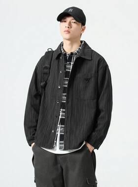 衬衫男纹理外套新款秋季长袖复古感竹节日系大码衬衣高端宽松工装