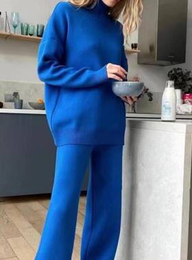 女针织纯色套装慵懒高级感时尚高领休闲气质两件套秋冬装风阔腿裤