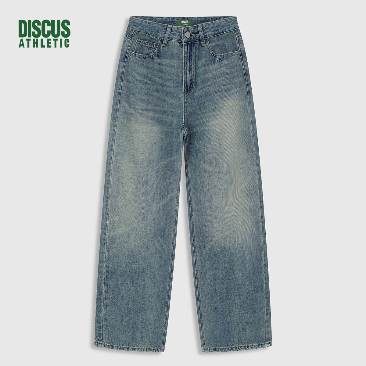 DISCUS浅蓝阔腿牛仔裤女款美式复古水洗猫须做旧百搭日常休闲长裤