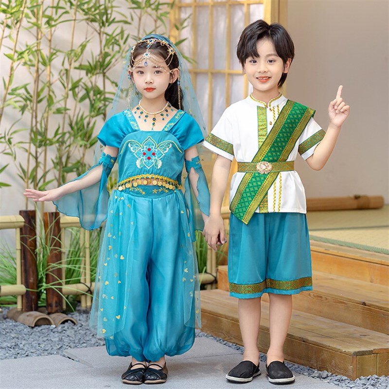 儿童汉服民族风广西壮族三月三表演服幼儿园苗族傣族舞蹈演出服夏