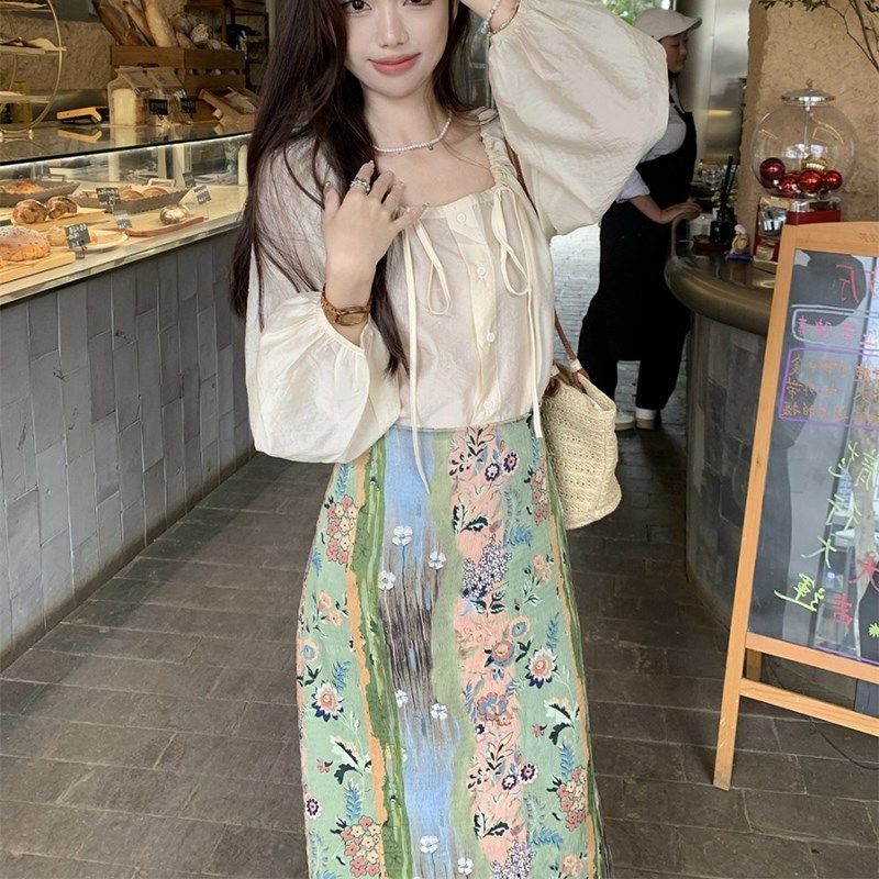 大码胖mm新中式田园风长袖衬衫上衣碎花半身裙女早秋显瘦两件套装