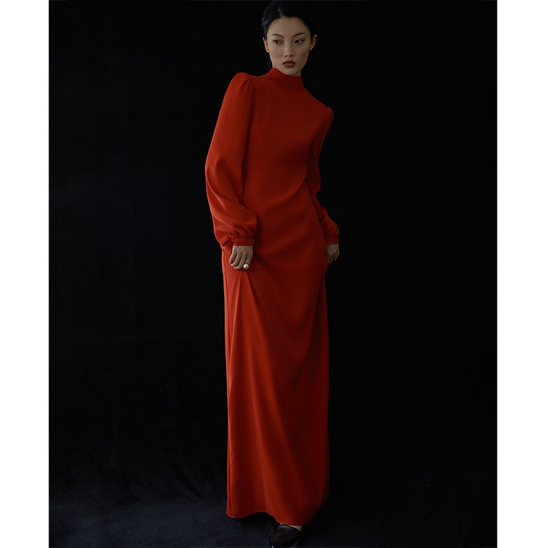 红色敬酒服新娘结婚缎面长袖宴会年会主持显瘦晚礼服裙女平时可穿