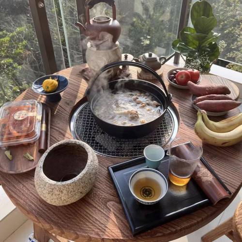 户外围炉冰茶桌烤肉方桌榆木复古圆形实木火锅桌子电磁炉一体商用