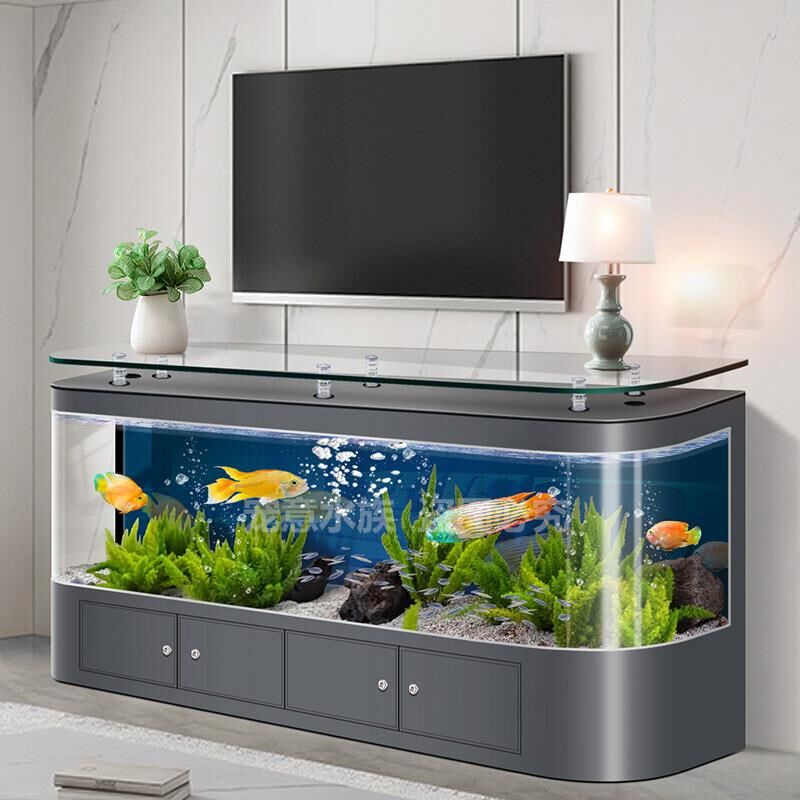 热弯一体成型落地鱼缸客厅大型靠墙背滤生态懒人电视柜茶几水族箱