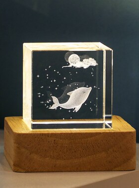 发光方体水晶桌面小摆件办公室卧室装饰海洋生物夜灯送人生日礼物