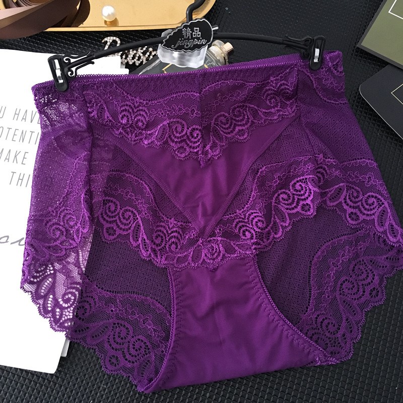 单条灰色高腰收腹包臀蕾丝女士内裤胖mm深紫色无痕网纱大码三角裤