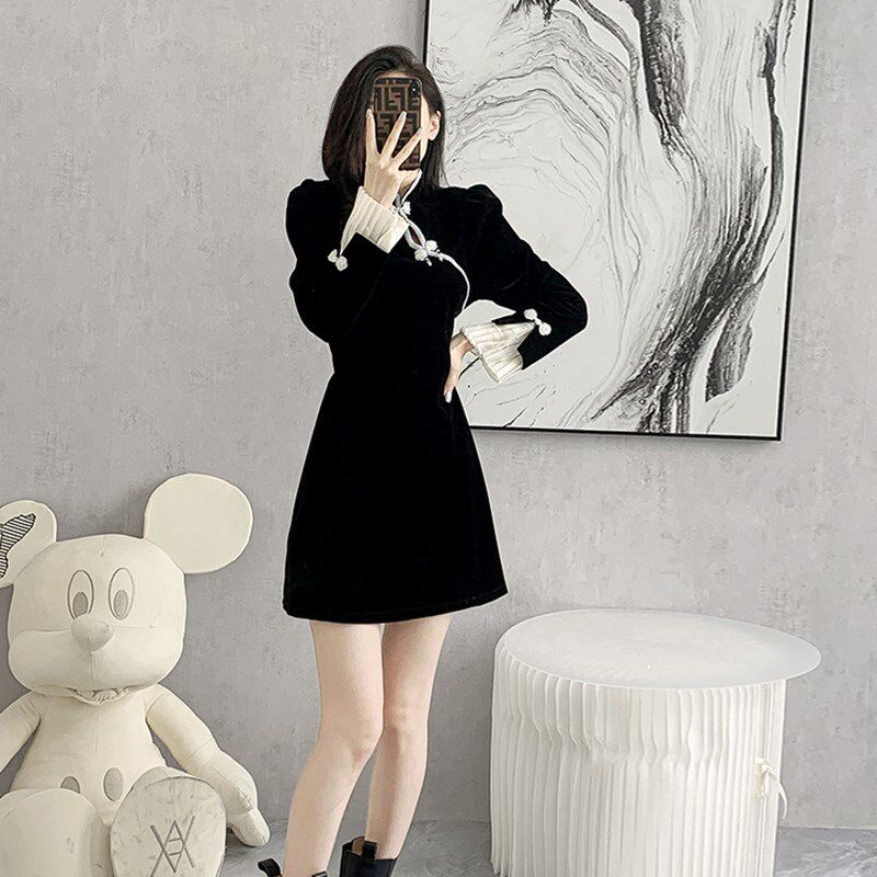 秋装新中式改良版旗袍黑色连衣裙秋冬新款中国风女装法式内搭裙子