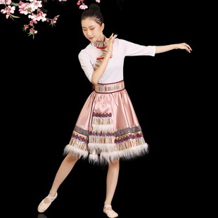 藏族舞蹈演出服装 连体上衣藏族半身裙大摆裙藏族艺考练习裙 女水袖