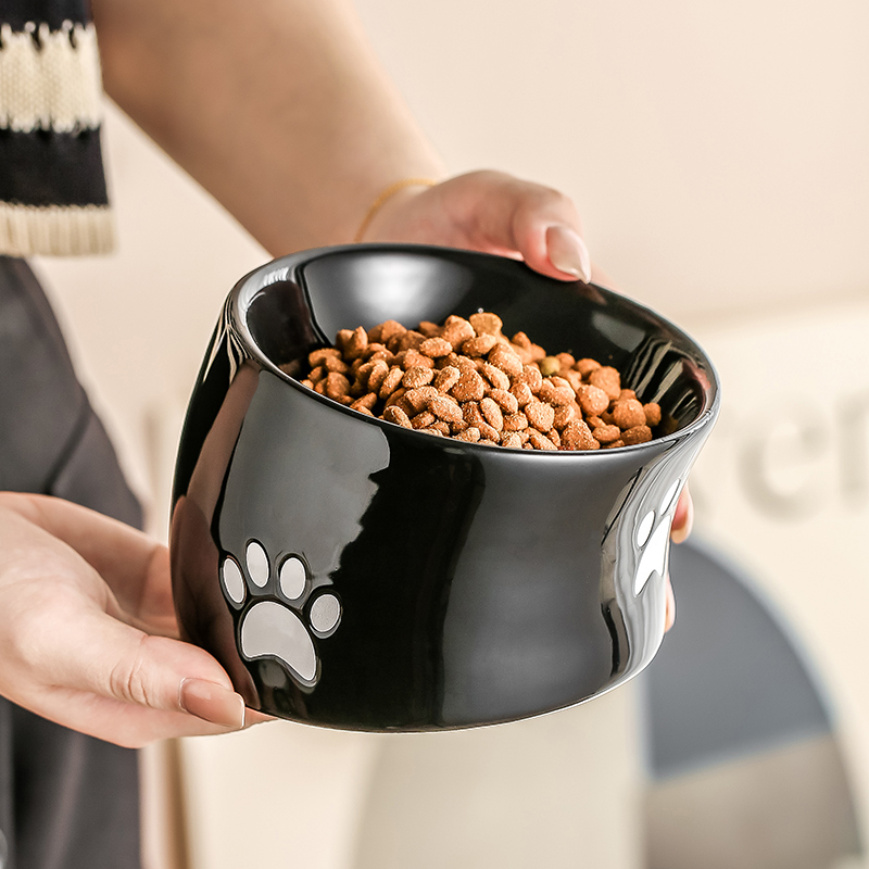 猫碗陶瓷斜口高脚猫食盆猫咪喝水碗护颈可爱猫粮碗防黑下巴宠物碗